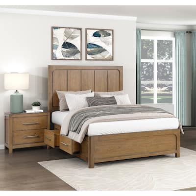 3pc Light Brown Finish Bedroom Furniture Set Storage Bed and Two Nightstands