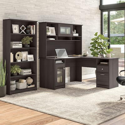 Cabot 60W L-Desk with Hutch and 5 Shelf Bookcase by Bush Furniture