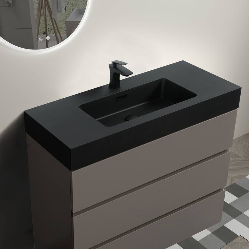 GDFStudio - Alice Walnut Freestanding Bathroom Vanity with One-Piece Matte Black Sink, Modern Handle-Free Design, Pre-Assembled