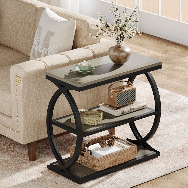 Small 3-Tier End Table for Living Room, Industrial Wooden Side Table with Metal Frame, Rustic Brown