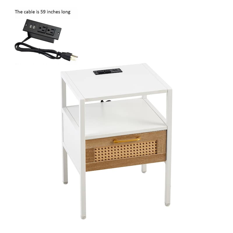 Rattan End table with Power Outlet & USB Ports ,with drawer and metal