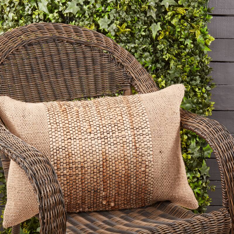 Earthy Jute Banded Outdoor Throw Pillow