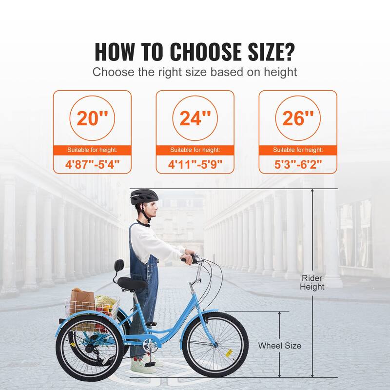 Blue Carbon Steel Tricycle with Basket, Comfort Seat and Stable Ride - 64.2” L x 25.8” W x 40.2” H
