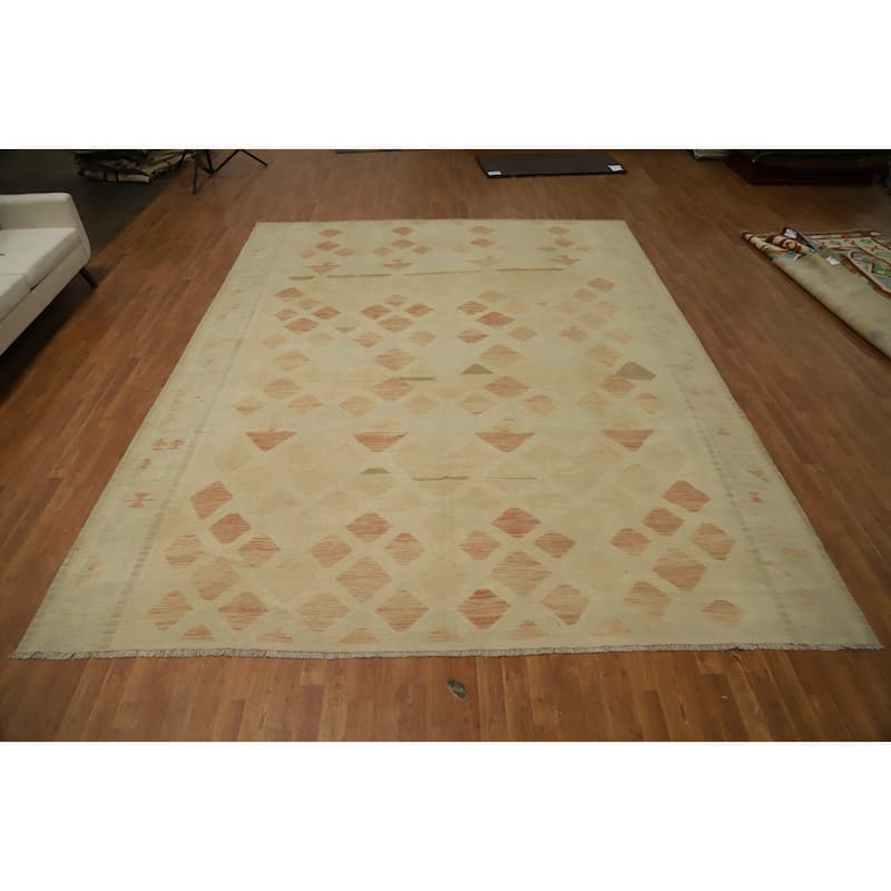 Hand Woven Oriental 100% Wool Carpet Southwestern Tribal Beige & Ivories Kilim Area Rug - 12' 9'' X 10' 0''