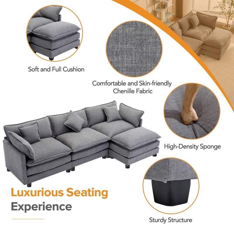 Grey 112.2" Modern L-Shaped 4 Seater Sectional Sofa with Removable Ottoman, 5 Plush Pillows, and Sturdy Frame