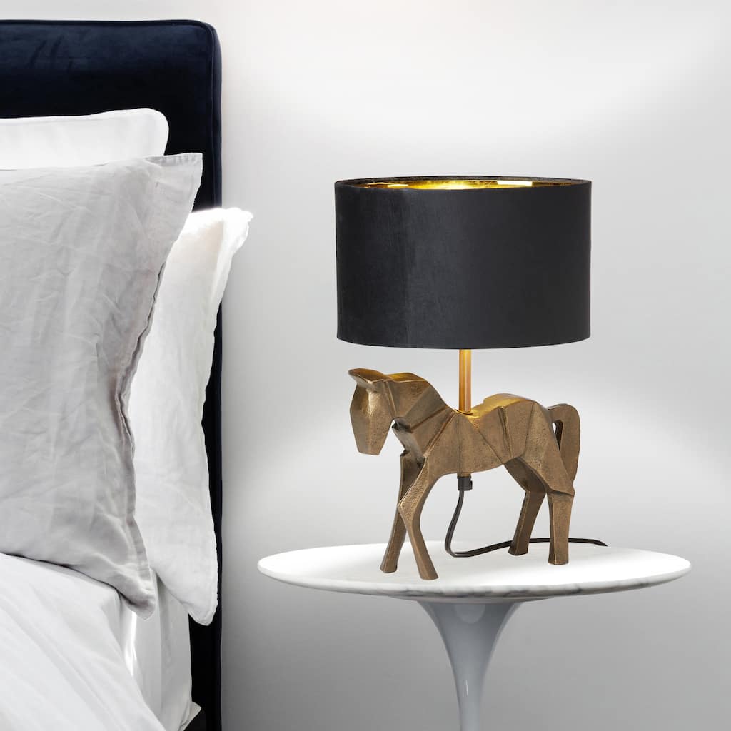 River of Goods 17.75-Inch Gold Origami Horse-Shaped Table Lamp with Black Fabric Drum Shade - 10.75" x 10.25" x 17.75"