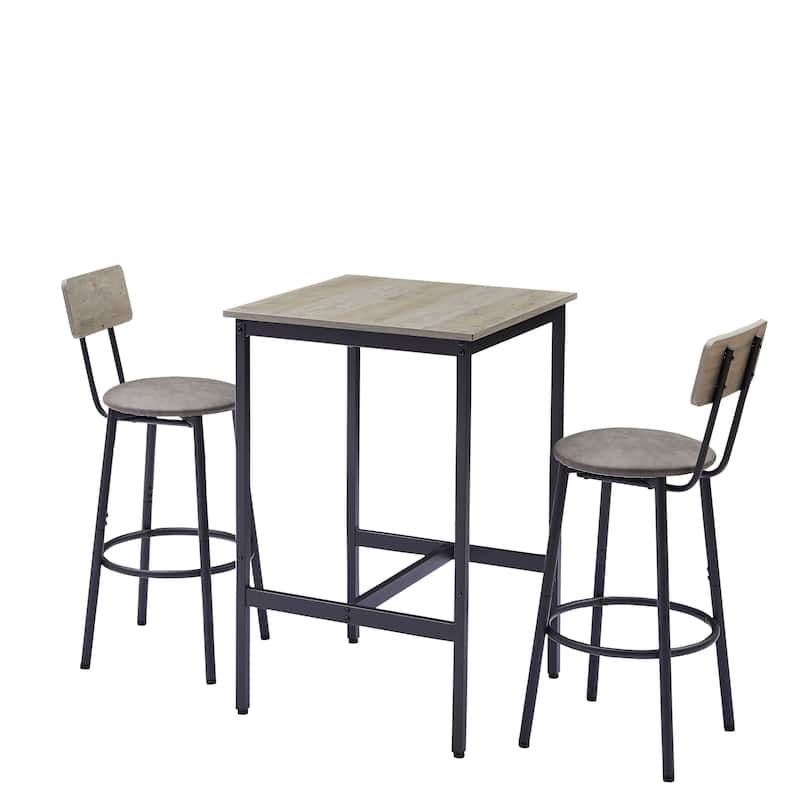Industrial-Style 3-Piece Bar Table Set with Upholstered Stools, Rustic Woodgrain Tabletop, and Space-Saving Design