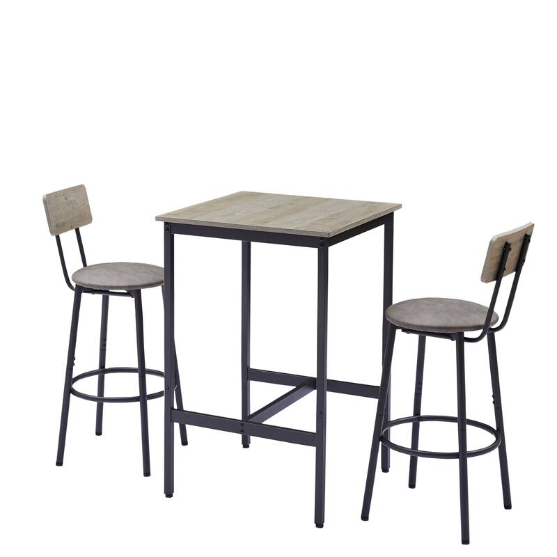 Minimalist Style 3-Piece Dining Table Set with 2 Bar Stools with Backrest,Grey
