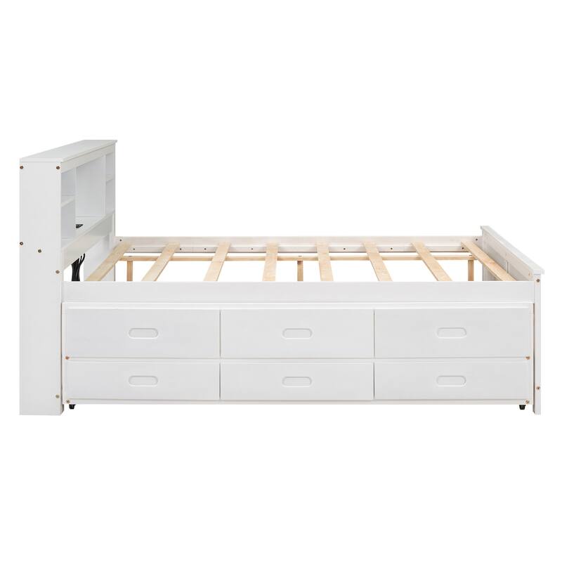 Full Platform Bed with Storage Headboard, USB Charging Port, Twin Trundle, and 3 Drawers - Space-Saving Design