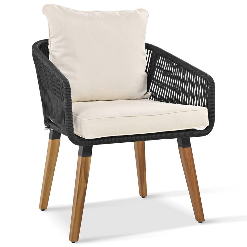 6 Pcs Patio Furniture Set, All-Weather Conversation Sets with Cushions Armchairs, Acacia Wood Bar Table and Ice Bucket