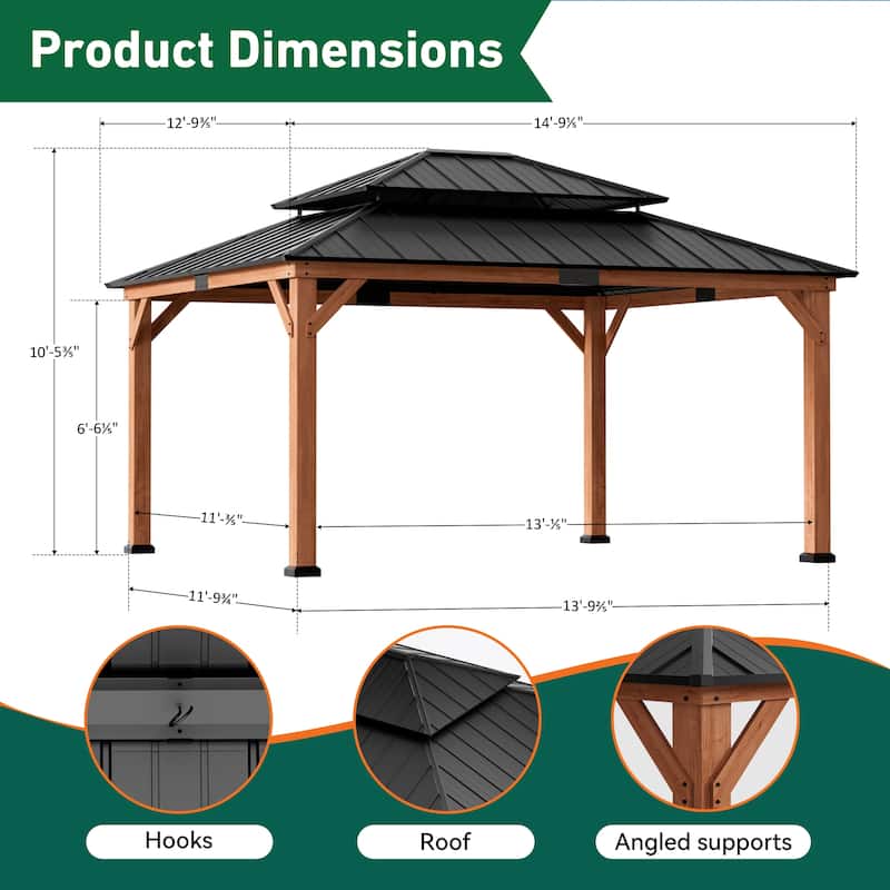 Wood Gazebo 13' x 15', Grill Gazebo with Galvanized Steel Roof, Permanent with Sturdy Hooks for Garden, Backyard