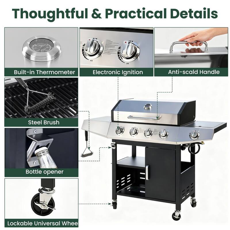 4-Burner Propane Gas Grill with Side Burner and Cabinet Storage, 474 Sq. In. Stainless Steel Outdoor BBQ Grill - N/A