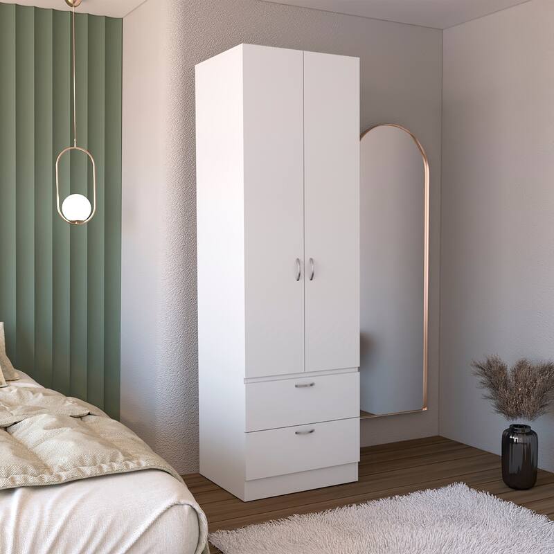 19.5" Modern Double-door Armoire with Hanging Rod, 2 Drawers and 1 Shelf for Bedroom - White