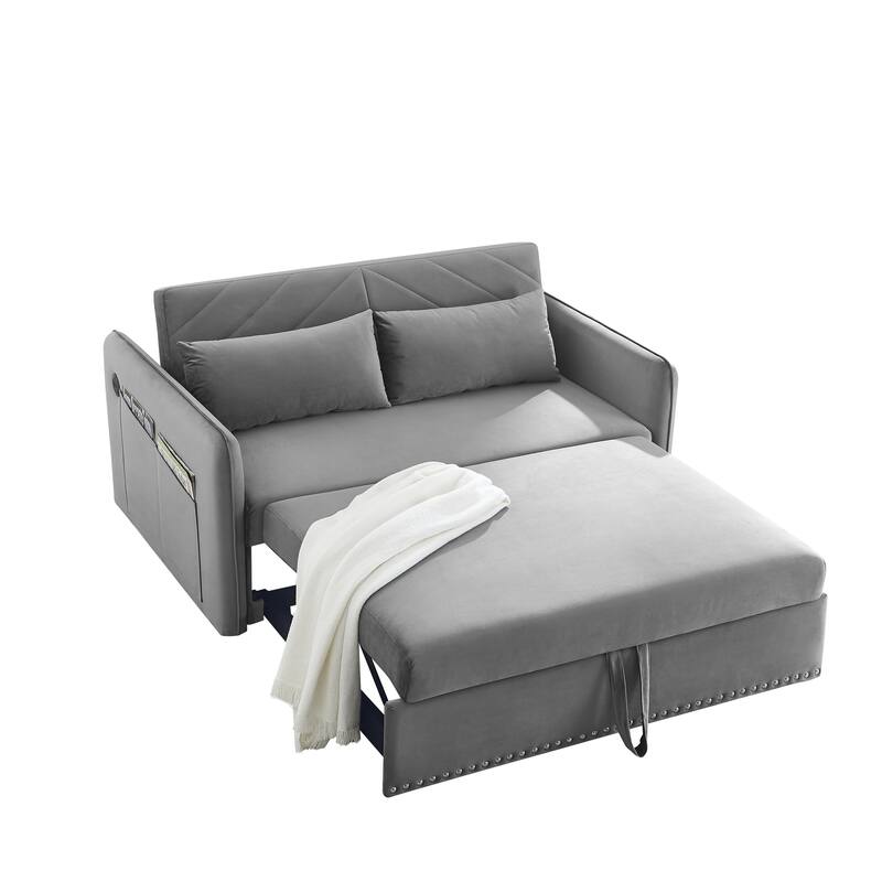 Velvet Loveseat Sleep Sofa w/ Pull Out Bed and Pillows & Pocket, Grey