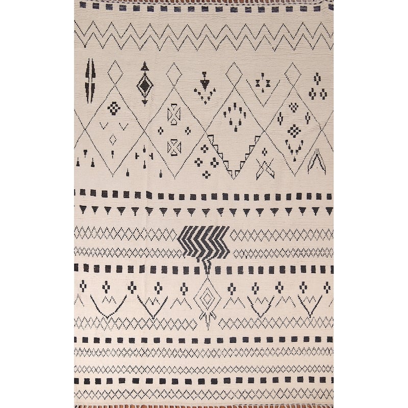 Trellis Geometric Ivory Moroccan Area Rug Hand-Knotted Wool Carpet - 7'7"x 10'9"