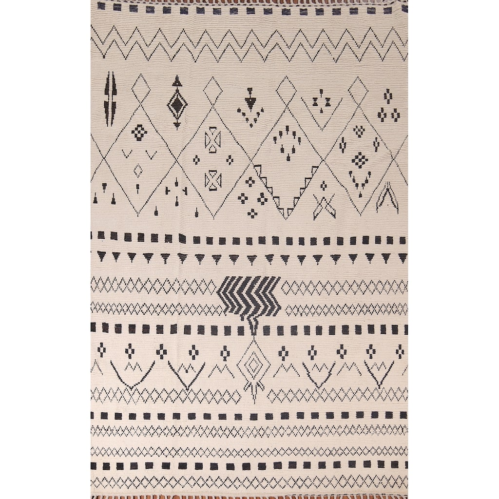 Trellis Geometric Ivory Moroccan Area Rug Hand-Knotted Wool Carpet - 7'7"x 10'9"
