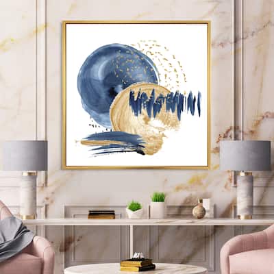 Designart "Dark Blue & Gold Abstract Circle Ocean Texture" Modern Framed Canvas Wall Art Print