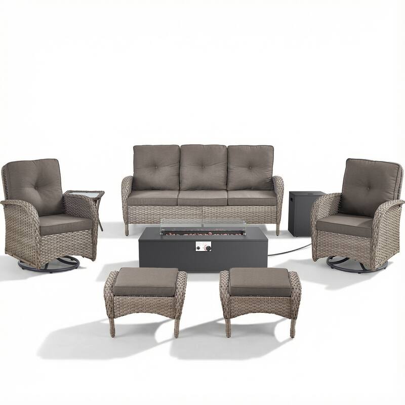 Pocassy Outdoor 7-Piece Sofa Swivel Chair Ottoman with Fire Table