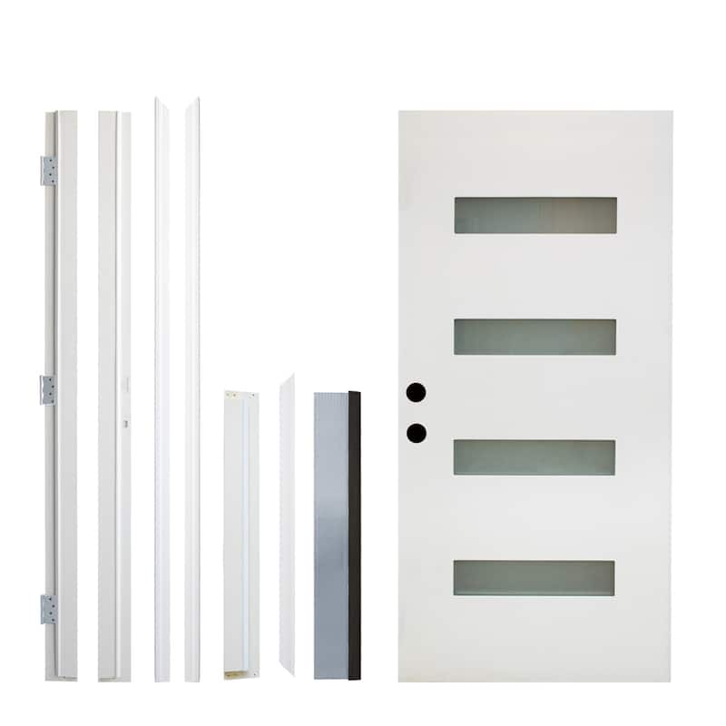 36 x 80 Fiberglass Entry Door, 4-Lite Frosted Glass - Contemporary Style for Home's Front Entrance, Right Hand Inswing - White