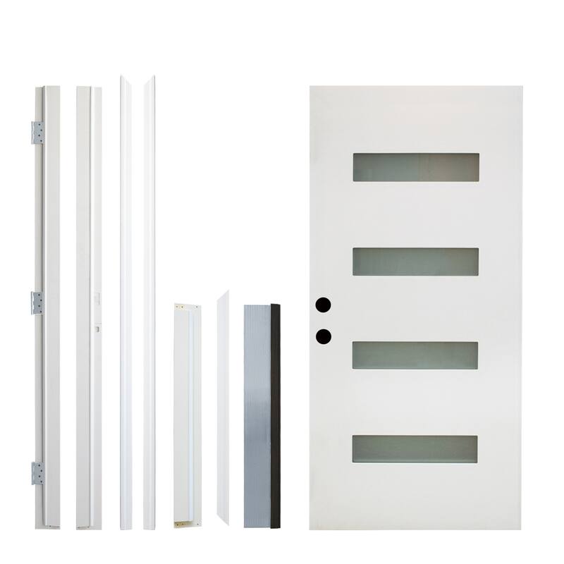 36 x 80 Fiberglass Entry Door with Brickmould, 4-Lite Frosted Glass, Right Hand Inswing - White