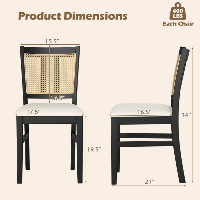 Set of 2 Upholstered Kitchen Chairs with Rattan Backrest Wooden Frame and Comfortable Seat Cushions - 17.5" x 21" x 34"