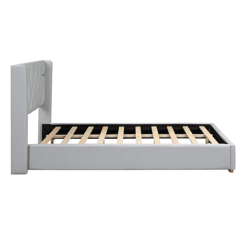 Modern PU Upholstered Platform Bed with Metal Strips