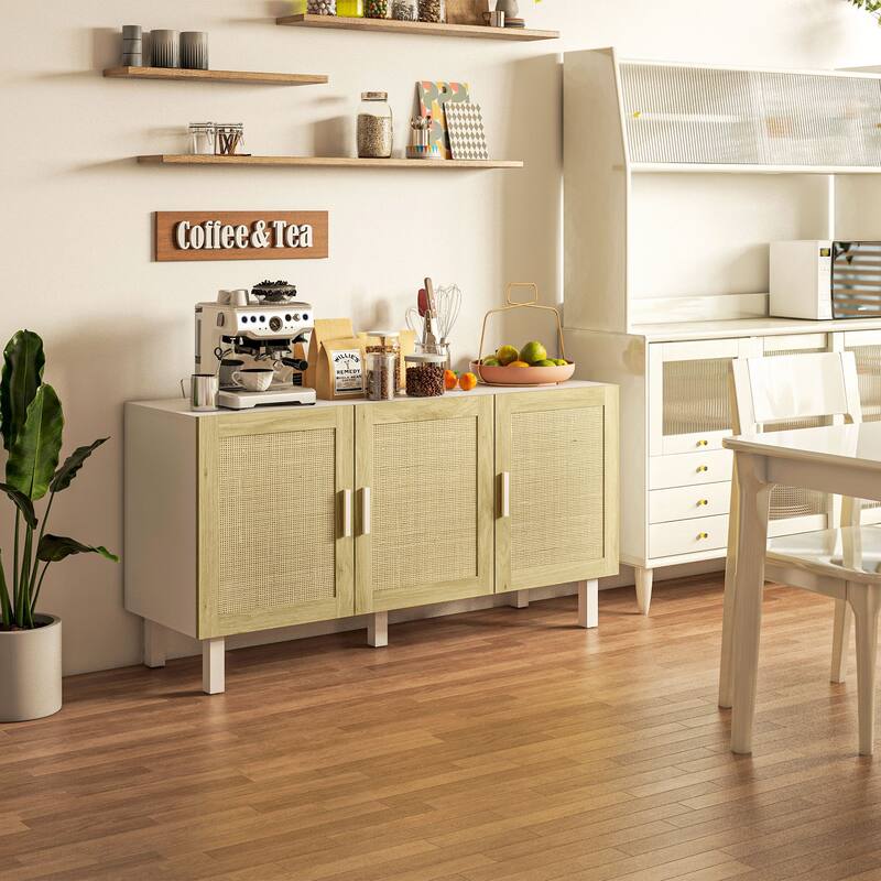 Boho Sideboard Buffet Cabinet with 3-Rattan Doors and Adjustable Shelves, White & Natural