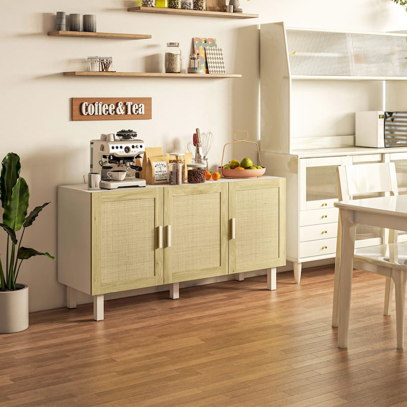 HOMCOM Sideboard Buffet Cabinet, Kitchen Cabinet, Coffee Bar Cabinet with 3 Rattan Doors and Adjustable Shelves - White