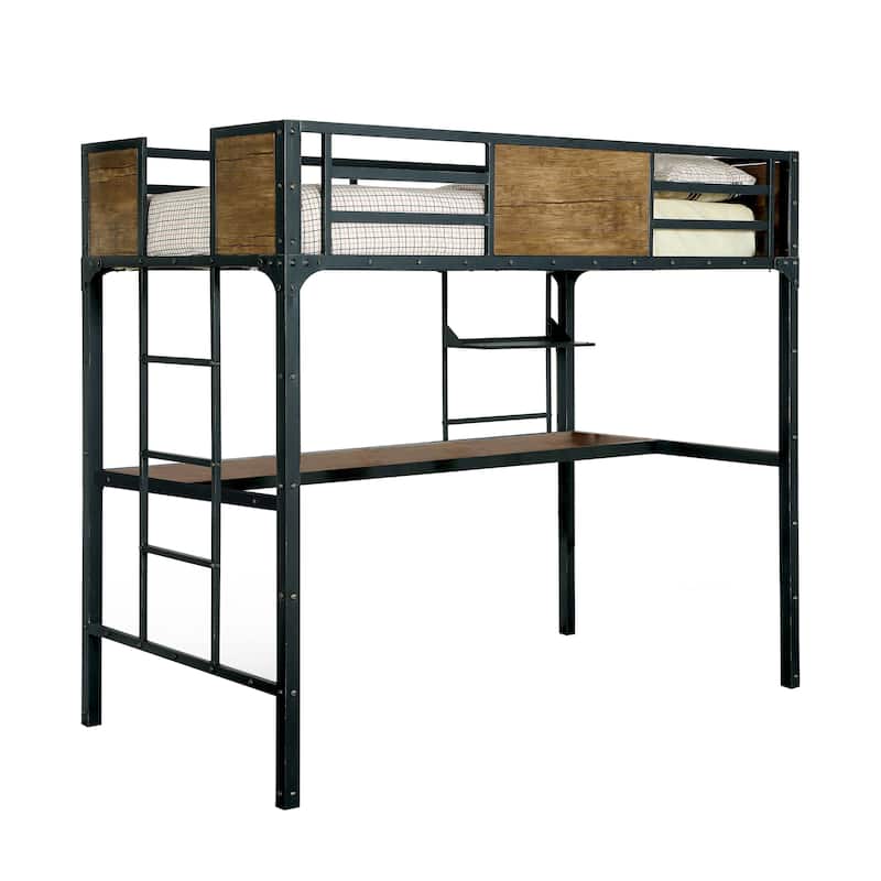 Jown Industrial Black Twin Metal Loft Bed with Workstation by Furniture of America