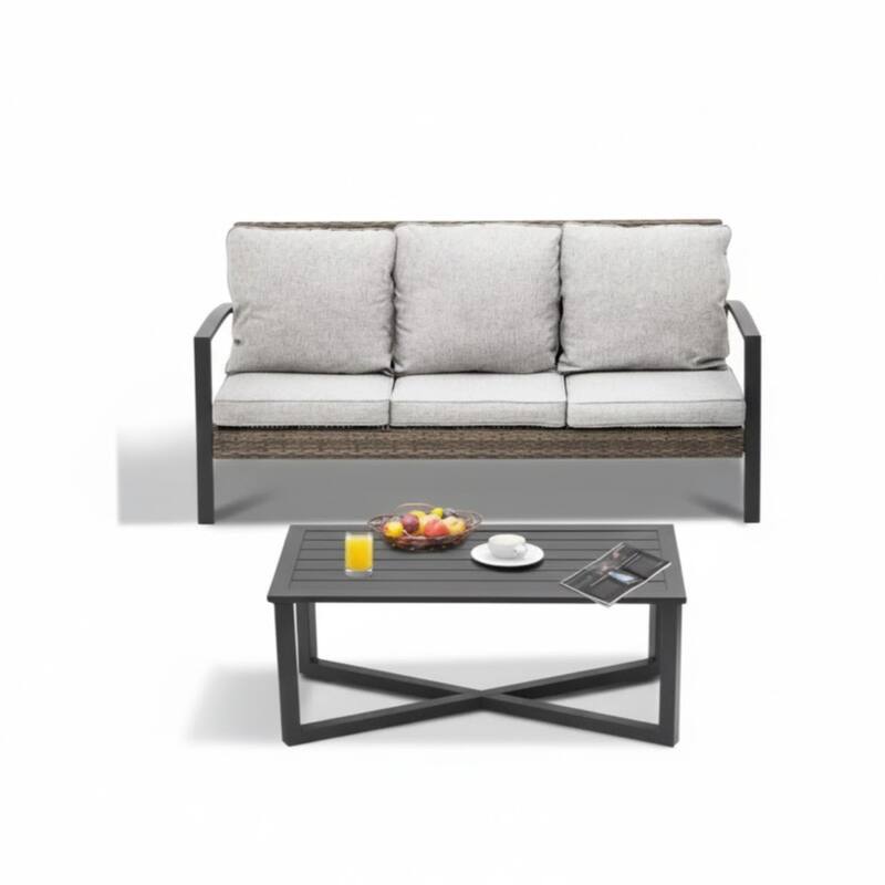 2-Piece Wicker Patio Conversation Set with Gray Cushions Coffee Table