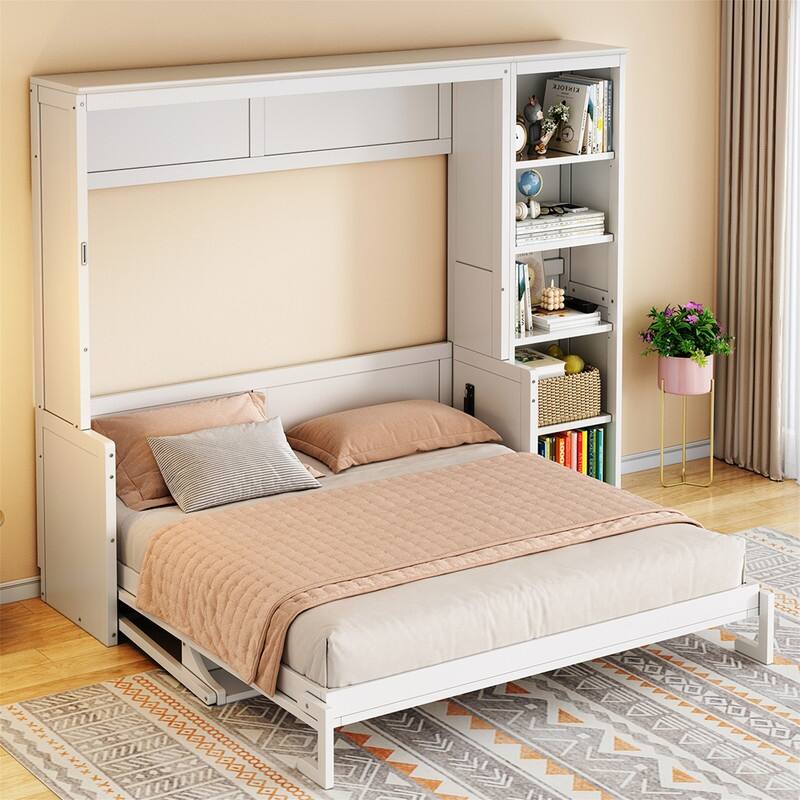 Full/Queen Size Murphy Bed with Bulit-in Desk and Bookshelf, Foldable Murphy Cabinet Bed with Open Storage Shelves