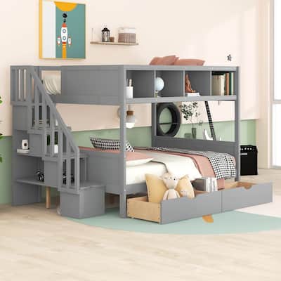 Twin over Full Bunk Bed with Shelfs, Storage Staircase & 2 Drawers
