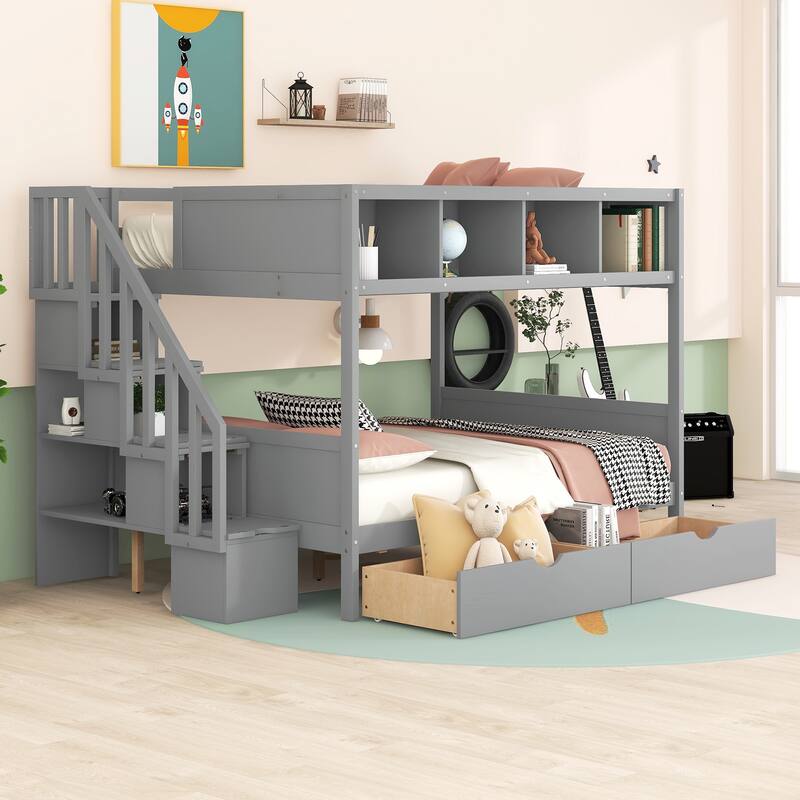 Wood Twin Over Full Bunk Bed with Shelfs, Storage Stairs and 2 Drawers - Gray - Full