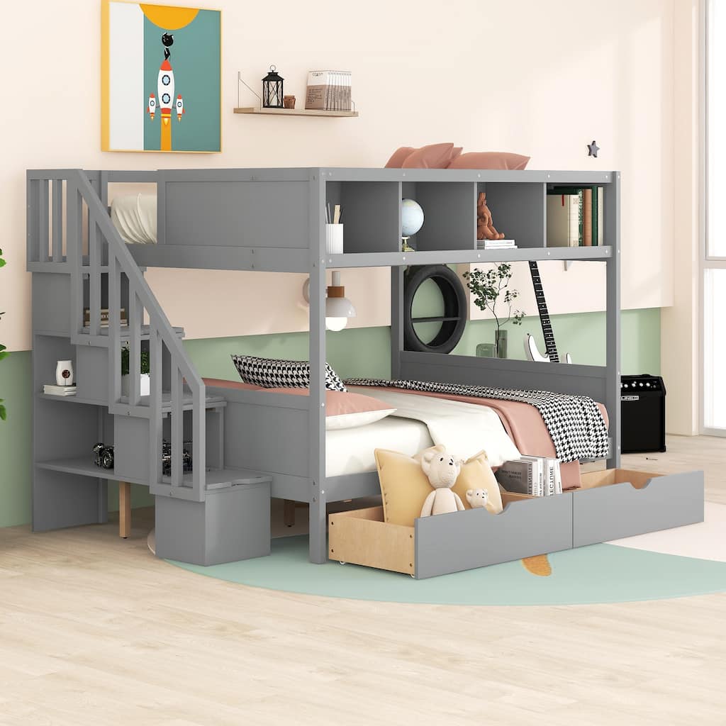 Wood Twin Over Full Bunk Bed with Shelfs, Storage Stairs and 2 Drawers