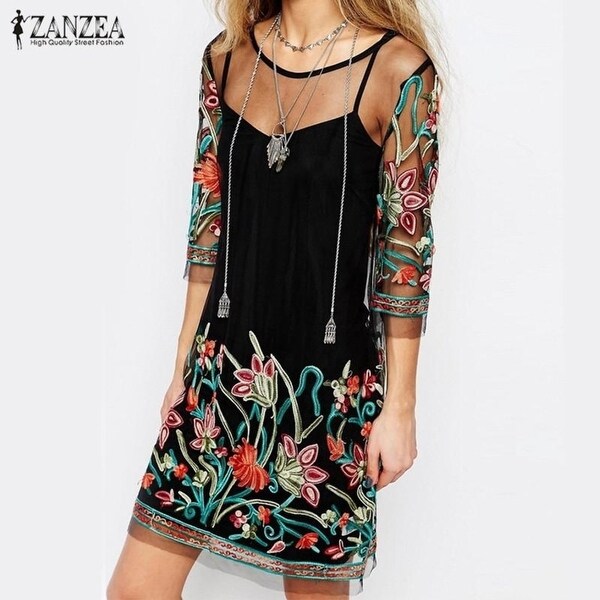 floral embroidery casual mini dress