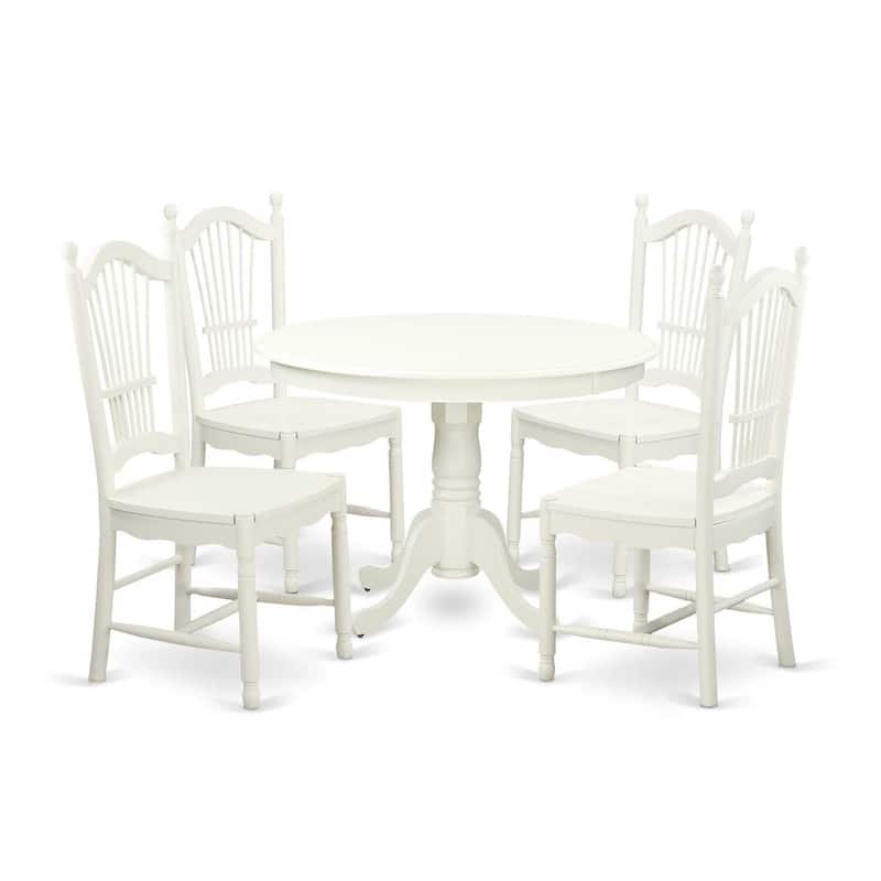 HomeStock 5-Pc Round Linen White Finish Solid Wood Top Dining table with 4 Chairs