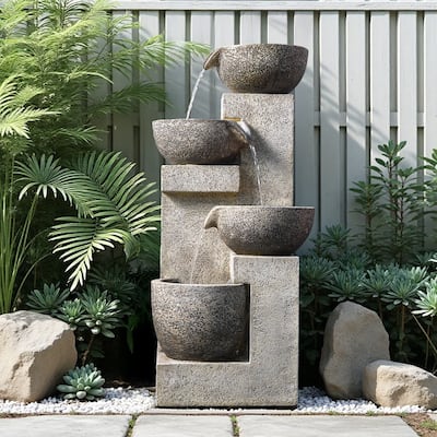 Polyresin Staggered Bowls Tiered Water Fountain Weather Resistant with LED Lights