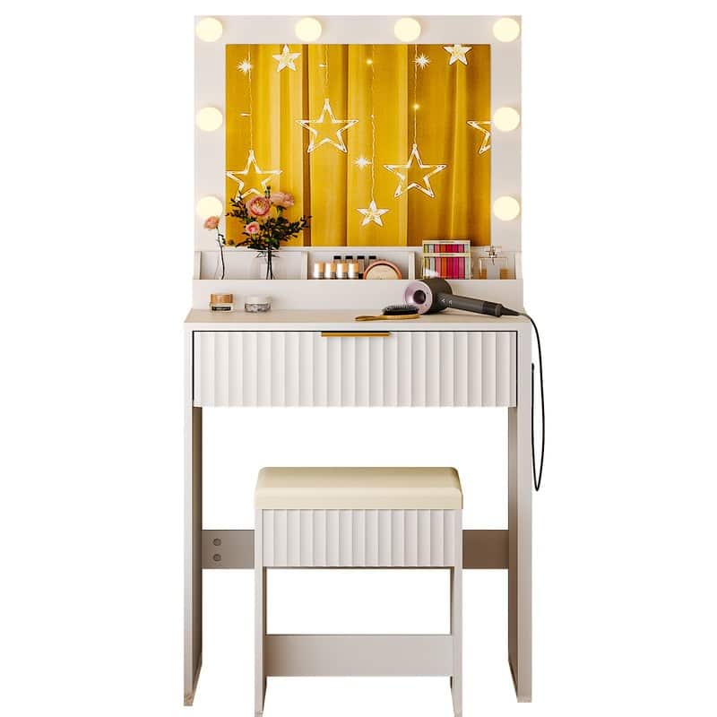 Particle Board Veneered with Textured Melamine, 1-drawer 3-compartment Dressing Table Set with 8 Three-color Dimmable Bulbs