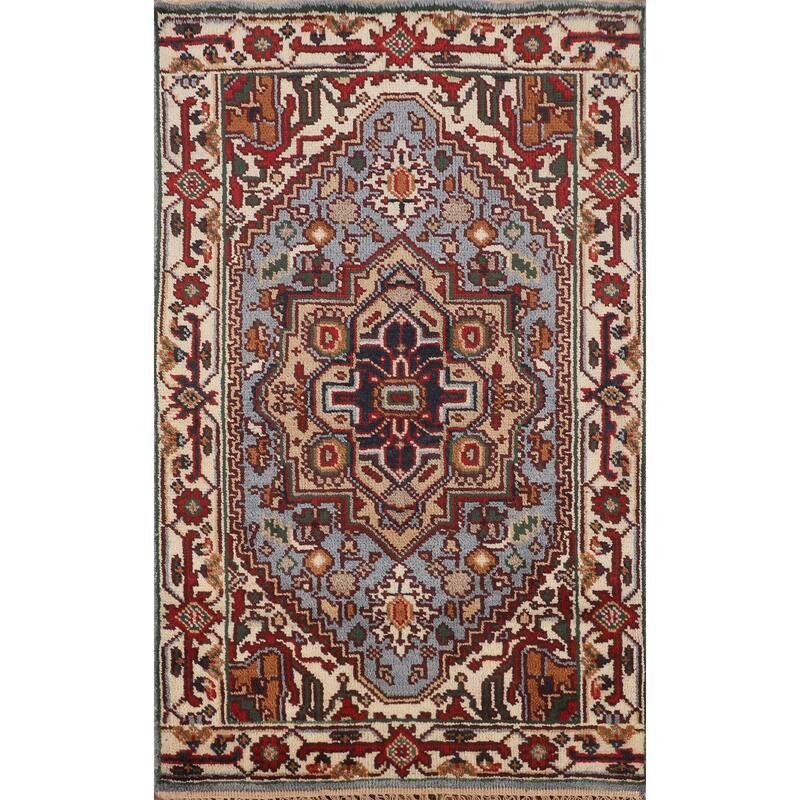 Geometric Blue Heriz Serapi Oriental Accent Rug Handmade Wool Carpet - 3'2" X 5'0"