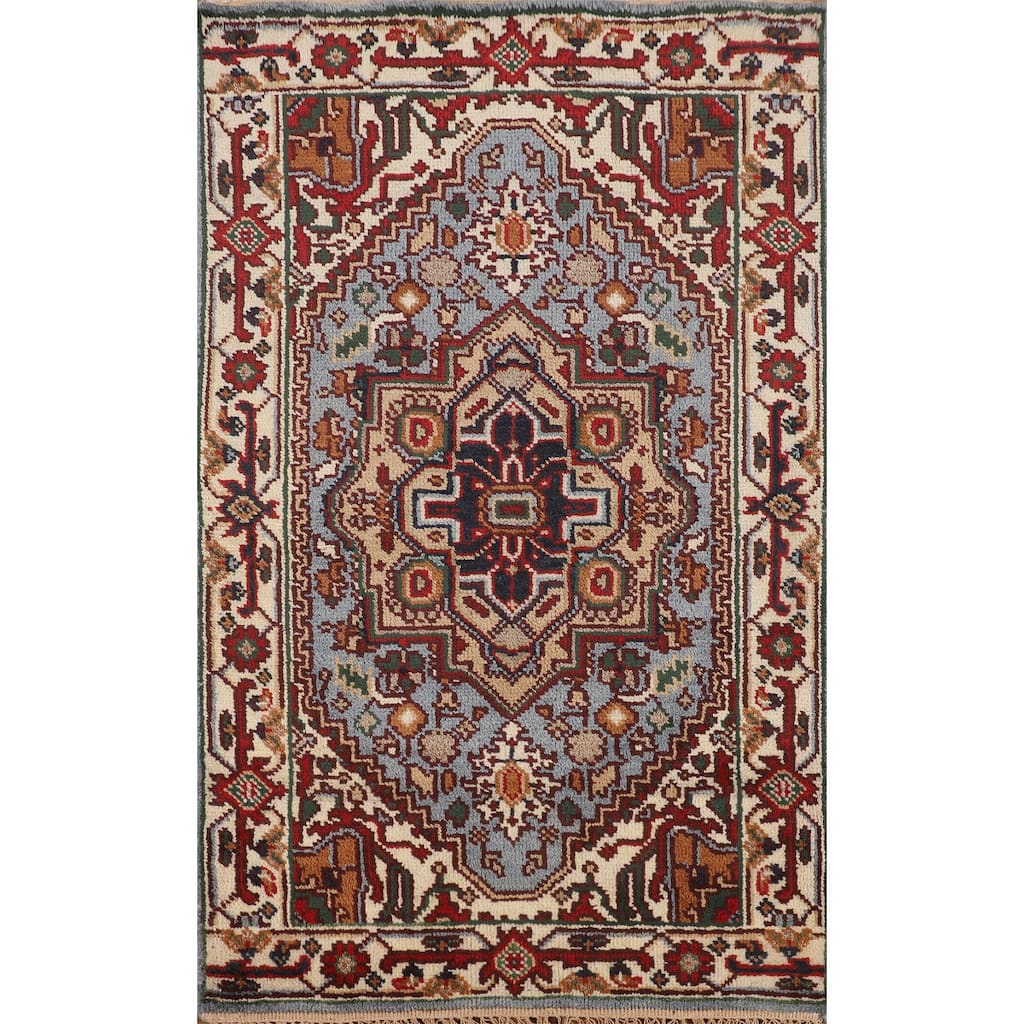 Geometric Blue Heriz Serapi Oriental Accent Rug Handmade Wool Carpet - 3'2" X 5'0"