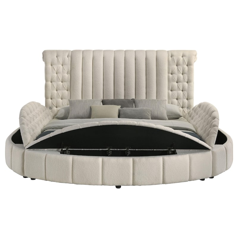 Neya King Round Bed with Storage, Wingback, Ivory Boucle Upholstery