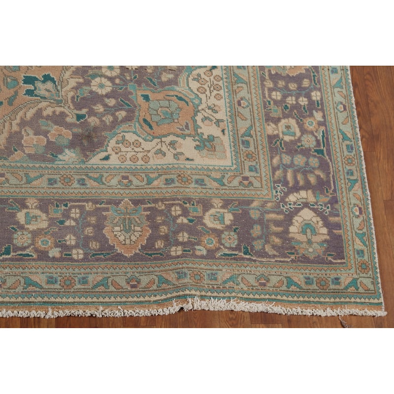 Distressed Tabriz Persian Vintage Rug Hand-Knotted Peach Wool Carpet - 7'10"x 10'8"