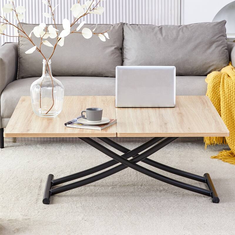 Modern minimalist multifunctional lift table with 0.8-inch MFC tabletop and black metal legs, can be used as dressing table