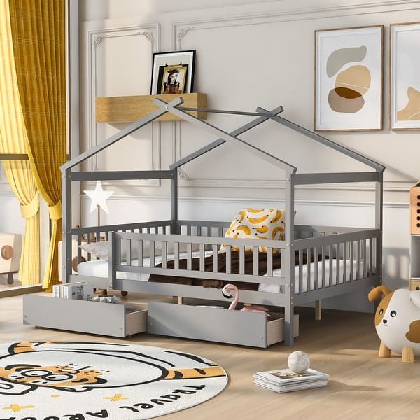slide 2 of 15, Gray Full Solid Wood House Bed with Two Drawers Gray