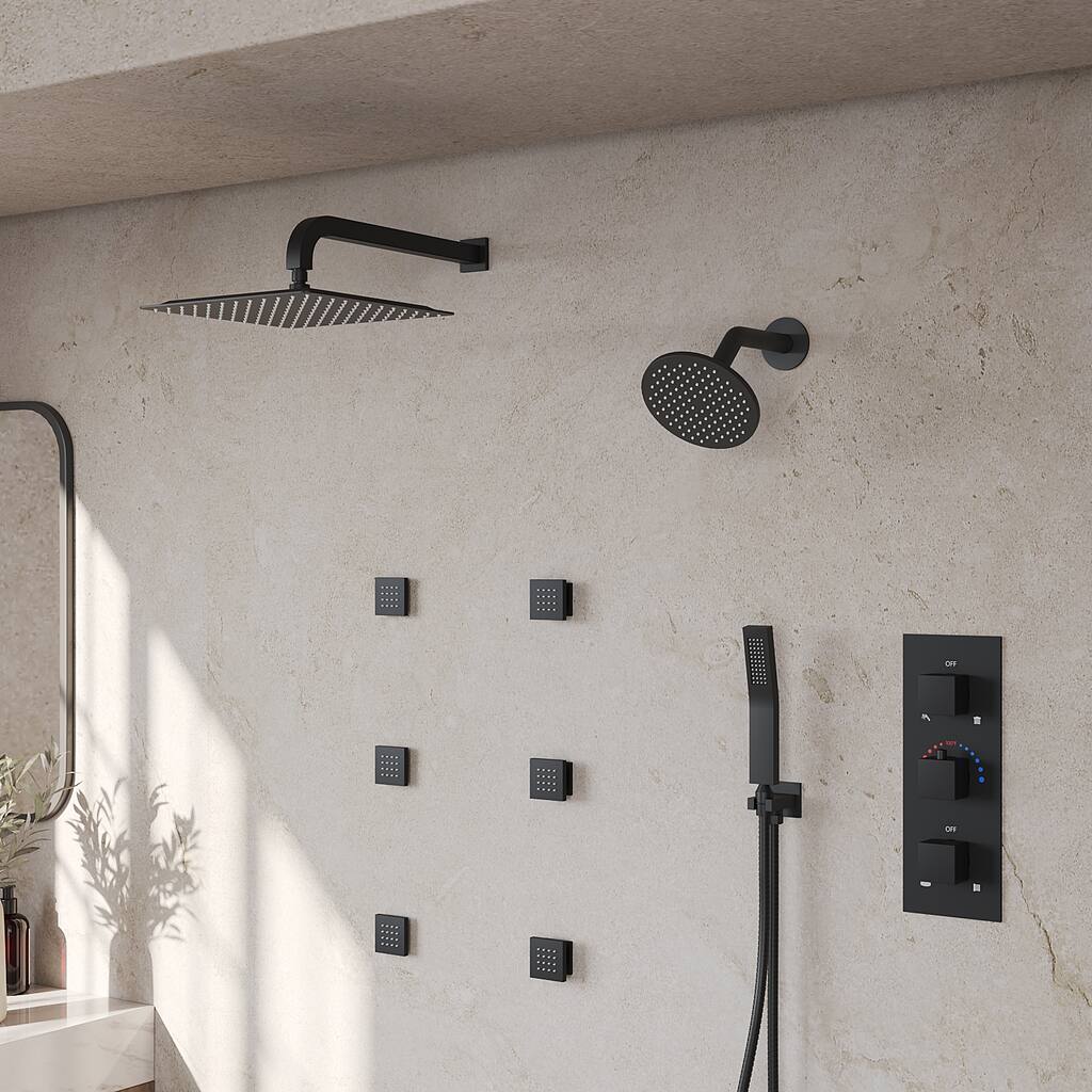 GRANDJOY 12" Wall Mounted Shower System Dual Shower Heads with 6 Body Jets