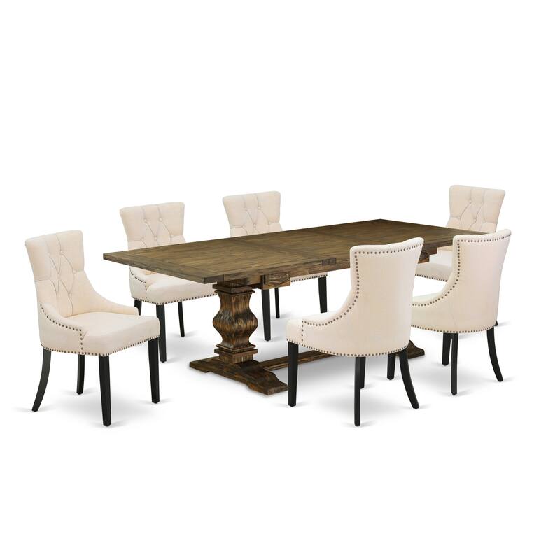East West Furniture Dining Room Set- a Wooden Table and Light Beige Linen Fabric Dining Chairs, (Pieces & Finish Options)