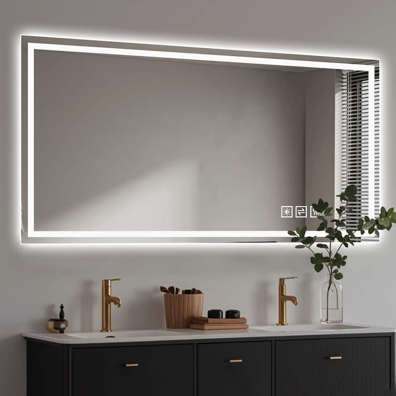 Anti-Fog LED Bathroom Mirror - Modern Straight-Edged, 3 Color Dimmable, Wall Mount - Silver