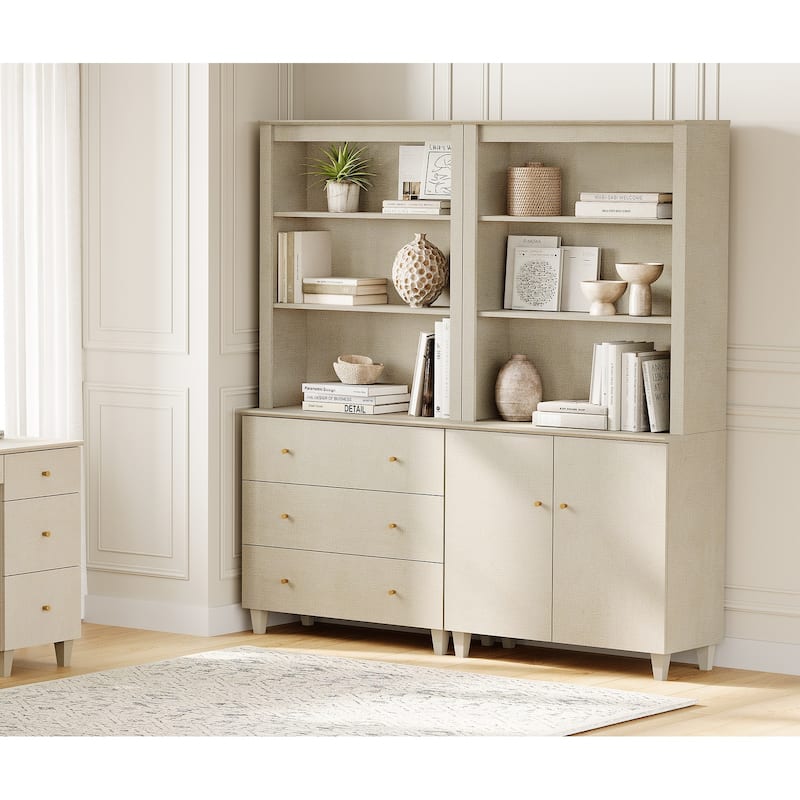 WAMPAT 71" Tall Bookshelf Set of 2, 5-Tier Modern Bookcases with 1 Cabinet and 3 Drawers for Living Room