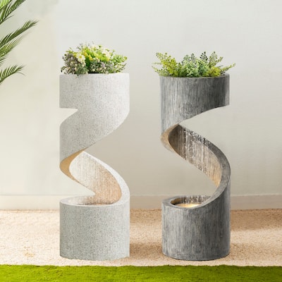 Glitzhome Modern Minimalist Spiral LED Polyresin Outdoor Fountain with Small Planter