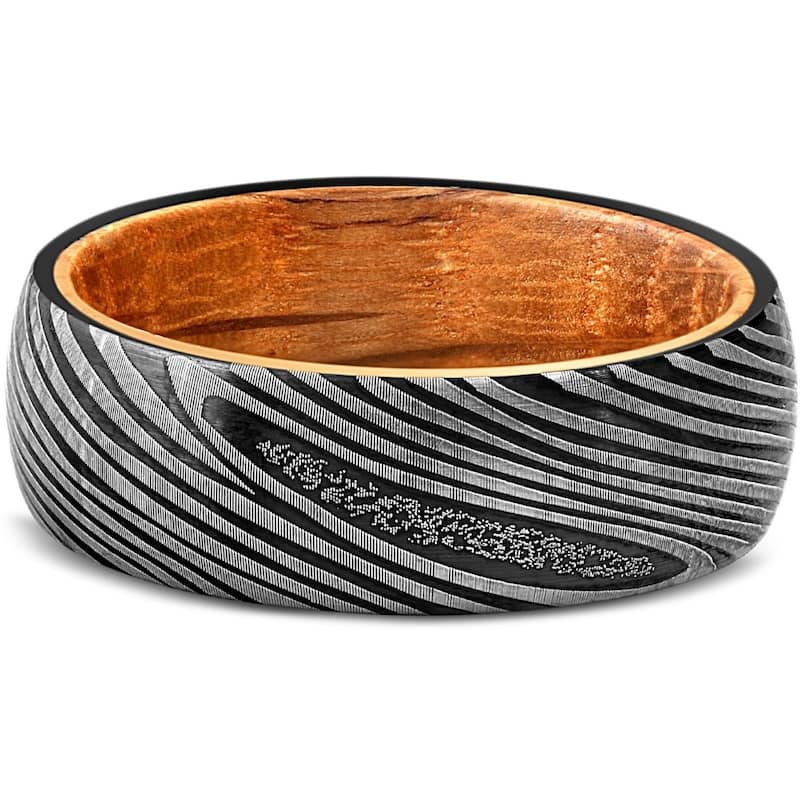 Men's Tungsten & Whiskey Barrell 8mm Ring Damascus Pattern Wedding Band